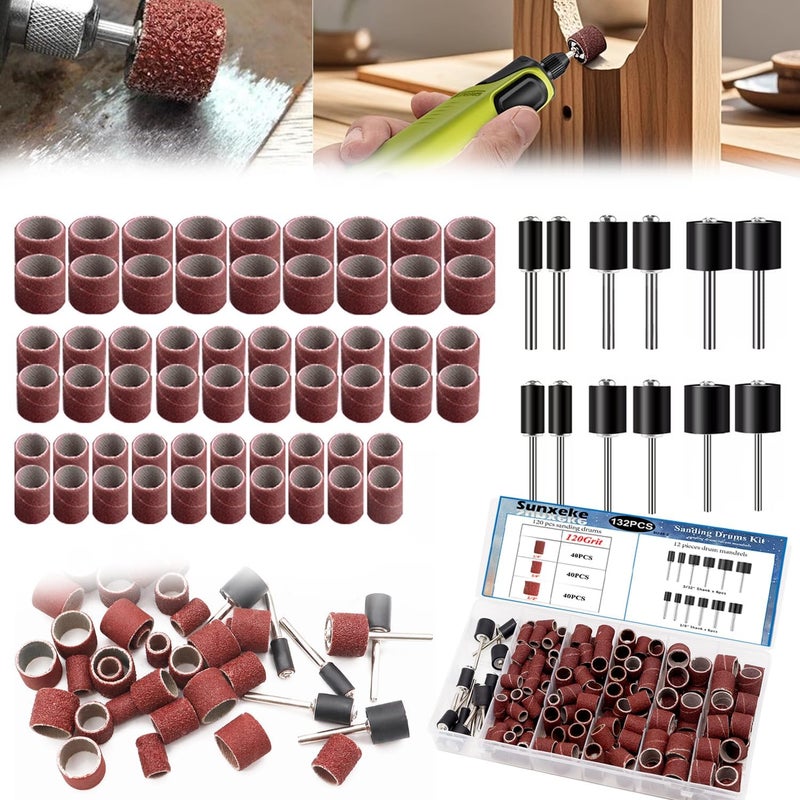 Sunxeke Sanding Drum Set for Dremel Rotary Tools-Includes 120 Aluminum Oxide Sanding Sleeves for Drum Sanders(120Grit) and 12 Drum Mandrels-Sanding Bits Tool Accessories with Box - Image 1